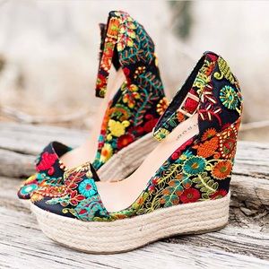 Embroidered Floral Wedges